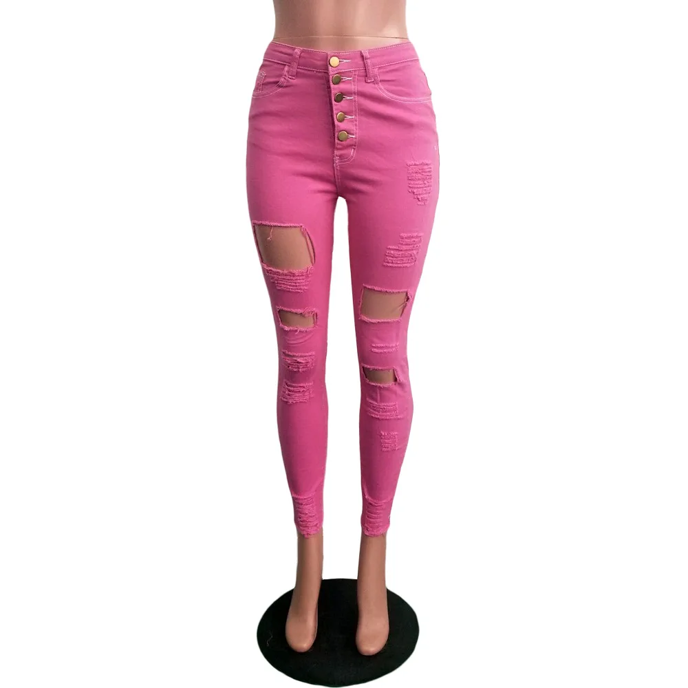 XXL неоновый зеленый оранжевый секси джинсы брюки для женщин высокая эластичная дыра повседневные джинсовые брюки уличная потертая карандаш джинсы брюки