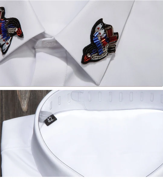 Элегантный бисер вышивка футболка с рисунком птицы для мужчин 2019 с длинным рукавом одноцветное цвет тонкий Chemise homme 80% хлопок бизнес мужской