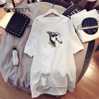 

2019 Summer Women Dresses Husky Cartoon Print Dog Funny Casual Loose White Mini Women Clothes Plus Size Dress Cute Cool Fashion