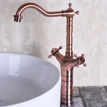 Винтаж красный Медь античная латунь двойные крестообразные ручки поворотный Носик Кухня Раковина кран холодной и горячей смесителя anf127