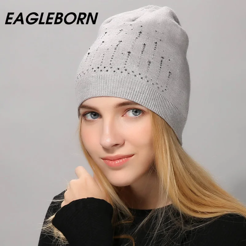 

[EB] Fashion Autumn Beanies Rhinestones Hat For Women Female Skullies Natural Raccoon Pompom Fur Hats Winter Warm Cotton wool