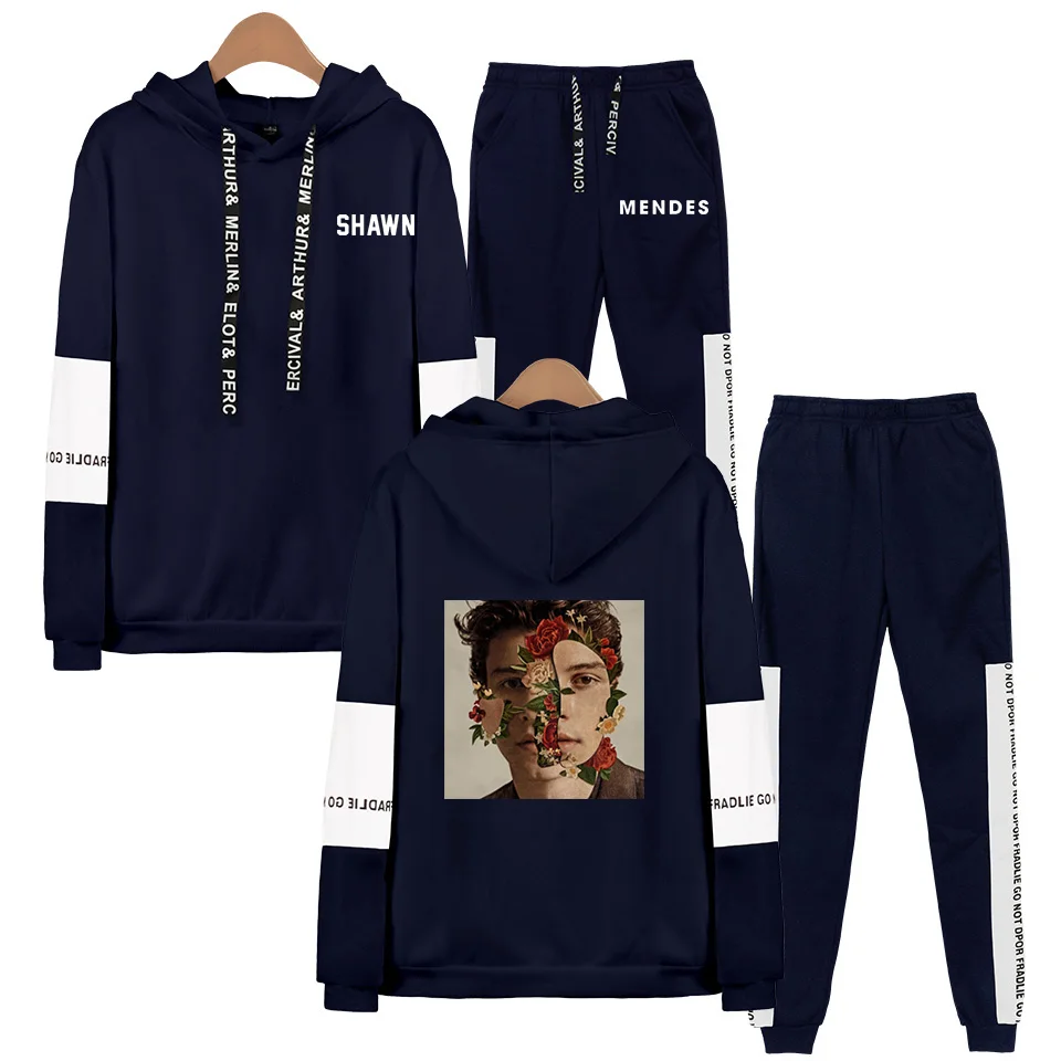 Navy Blue Певец Шон, мужские толстовки, толстовка, спортивные штаны, костюмы для мужчин и женщин, популярные мужские толстовки в стиле хип-хоп, пуловер, комплект из двух предметов, спортивный костюм - Цвет: Navy Blue