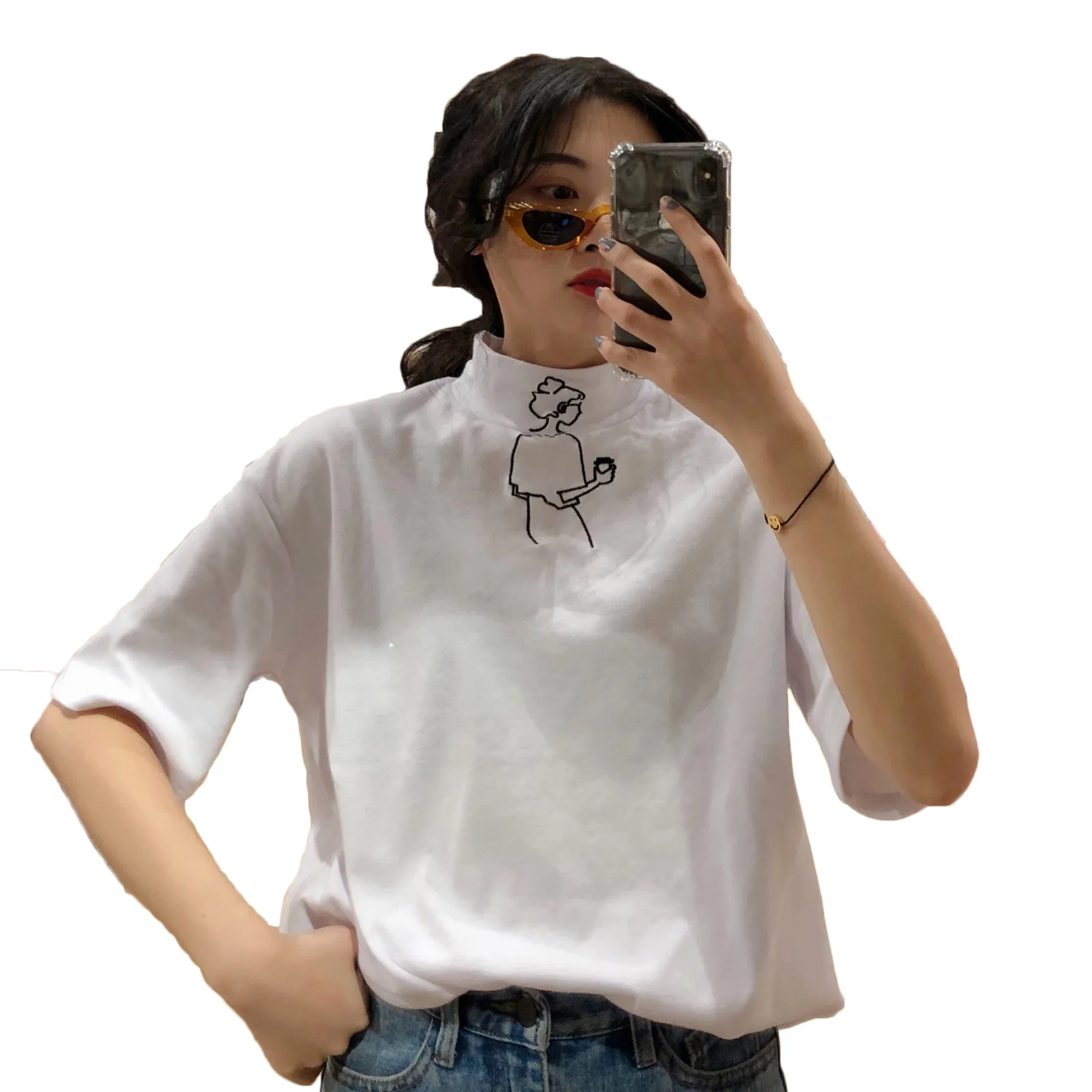 

2019 summer women's cartoon embroidery loose half-high collar short-sleeved solid color Korean fashion stretch student T-shirt