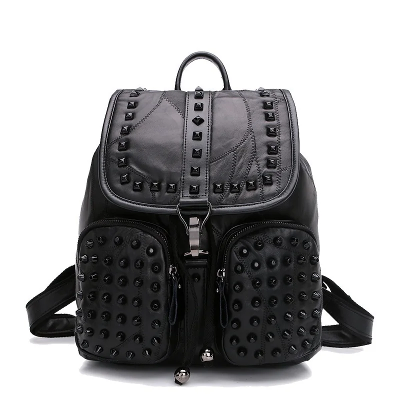 

Hot fashion sheepskin backpack tide rivet double pocket shoulder ladies leather female bag