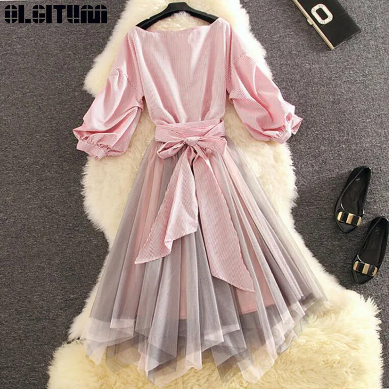 

OLGITUM Vintage Spring Summer 2019 Lace Vestido Suit Elegant Mesh Long Midi Slim Pleated Set Women's Two-piece Suit WS113