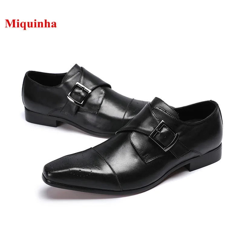2018 Black Square Toe Men Dress Shoes Buckle Strap Genuine Leather