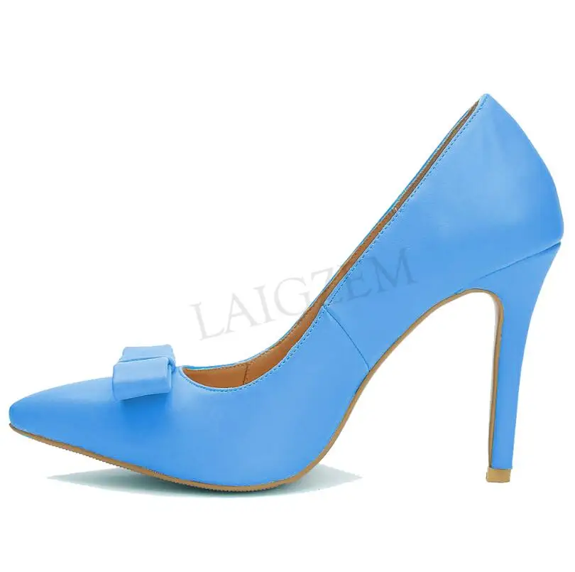 LGZ699 Blue LAIGZEM/ г. Цветные женские Босоножки на каблуке с острым носком, на шпильке, без застежки Женская Базовая обувь женская обувь, zapatos mujer, большие размеры 34-47 - Цвет: LGZ699 Blue