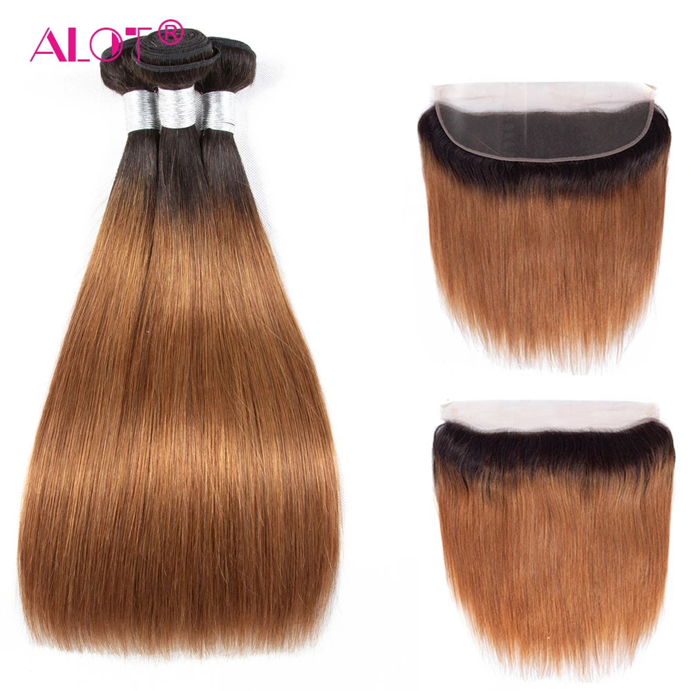 

Pre Colored Brazilian Straight Human Hair Bundles With Frontal 1B/30 Ombre Dark Root Non Remy Hair Weaving ALot