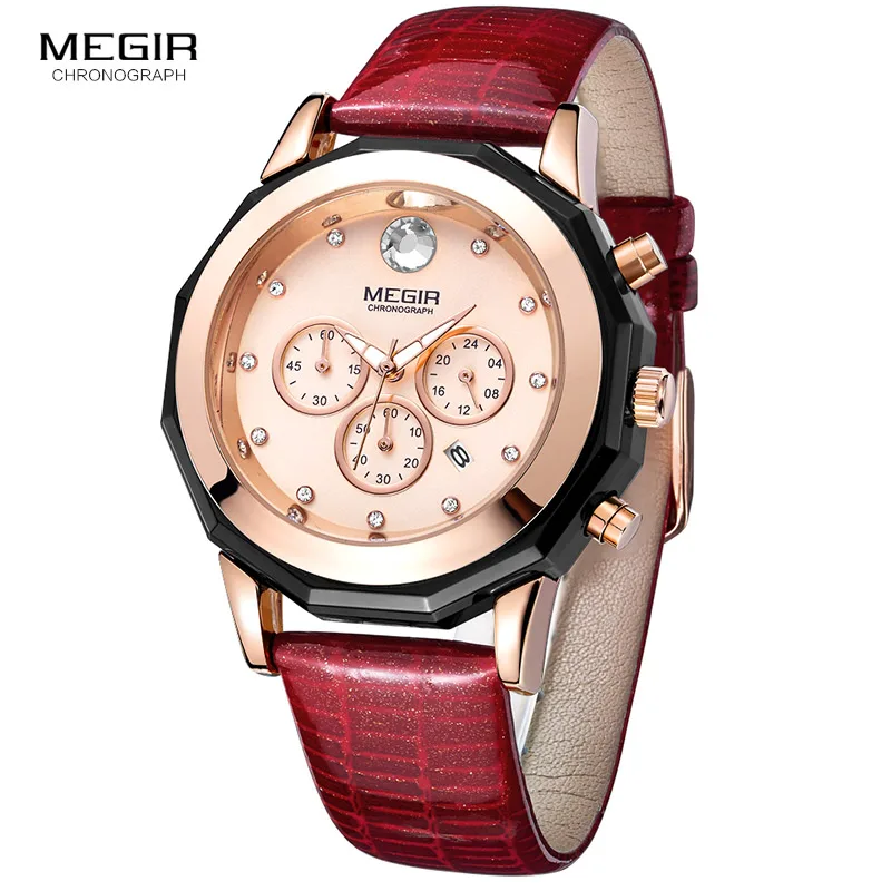 Women's 24 Hour Chronograph Quartz Wrist Watches Red Leather Strap Stop Watch for Lady Girl Friend Relogios Femininos 2042Red Women's 24 Hour Chronograph Quartz Wrist Watches Red Leather Strap Stop Watch for Lady Girl Friend Relogios Femininos 2042Red