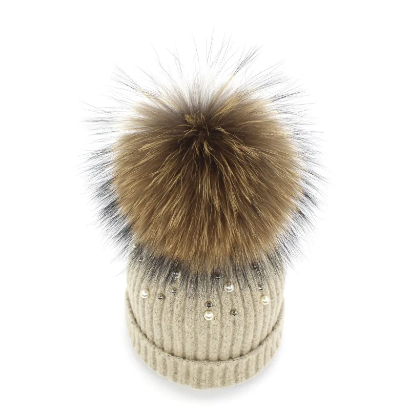 Новое зимнее, связанное из шерсти шапка шапочки с настоящим норковым мехом помпоны Skullies натуральный енот помпоном мех шапка с помпоном