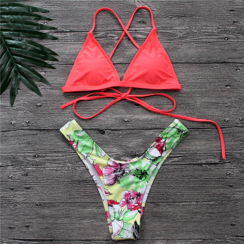 

NIDALEE 2018 Hot Floral Brazilian Bikini Set Summer Bathing Triangle Sexy Nylon Swimming Suit Padded Solid Bandage Biquini