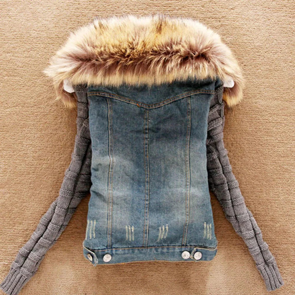 Для женщин Зима плюс Размеры Прохладный Тонкий теплые джинсы куртка Ковбойское пальто с искусственной меховой воротник Джинсовые куртки S-4XL
