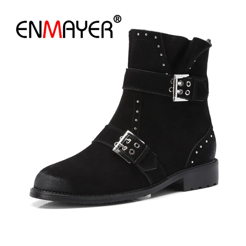 

ENMAYER Rivets Women Ankle Boots Boots for women Zipper Black Winter Shoes Fashion bots Women Low Heels shoes women Metal CR780