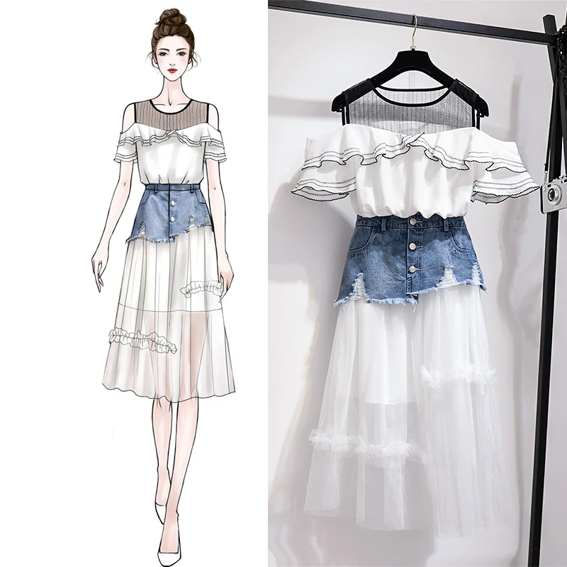 

Women 2 Piece Sets Suit 2019 Summer White Loose Short Sleeve Shirt+ Midi Mesh Skirt Two-piece Suit Runway Dress Club Outfits