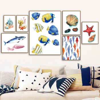

Fish Shell Starfish Coral Nordic Posters And Prints Wall Art Canvas Painting Wall Pictures Baby Kids Room Home Decor