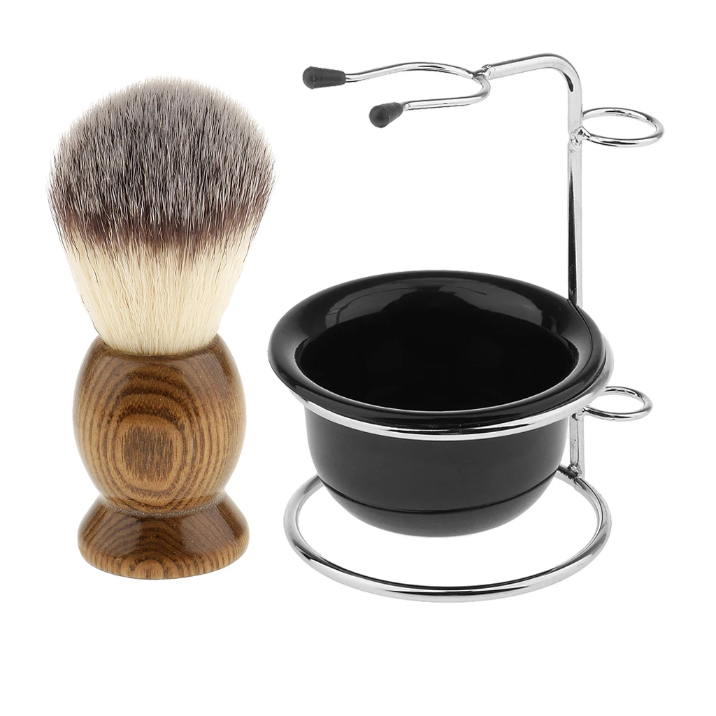 Set of 3 Pieces Natural Wood Shaving Brush + Stainless Steel Holder Stand Rack Mens Shave Soap Cream Mug Bowl Kit | Красота и