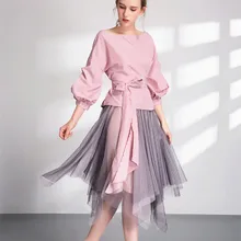 Сезон весна-лето; комплект женской одежды с вырезом-лодочкой и рукавом-фонариком; полосатые Блузы; топы с большим бантом+ нестандартные юбки; NS316