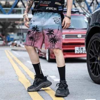 

2019 New Summer Hawaii Coconut tree print shorts Mens Denim Shorts Regular hip hop Knee Length Short Hole Jeans Shorts For Men
