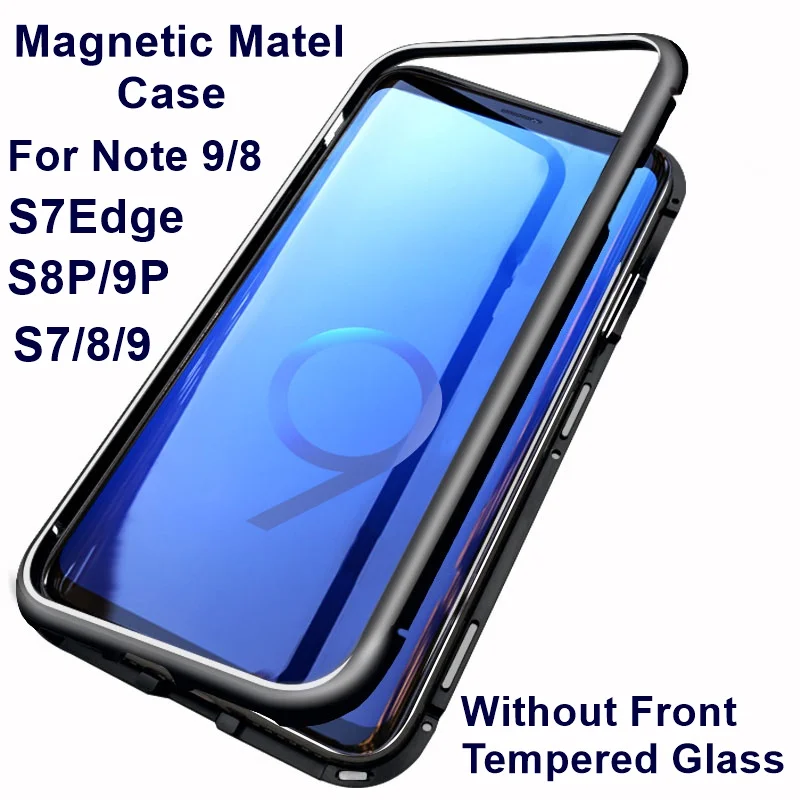 

Magnetic Adsorption Case For Samsung S7 Edge S8 S8P Metal Bumper Case Ultra thin Tempered Glass Cover For Note 9/8 S9 S9P