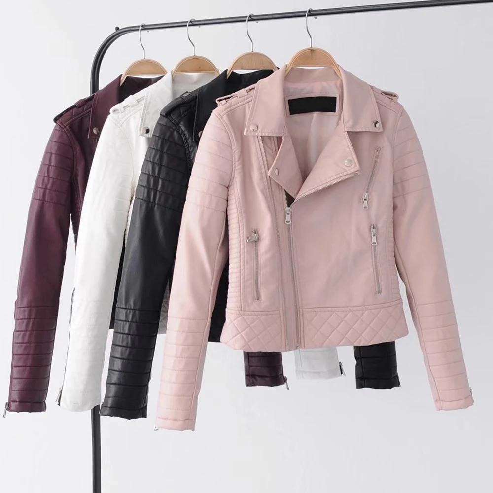 Kopen Vrouwen Leren Jas Motorfiets Herfst Lange Mouw Rits Zachte Faux Lederen Jassen Wit Dames Vrouwelijke Jassen Bovenkleding