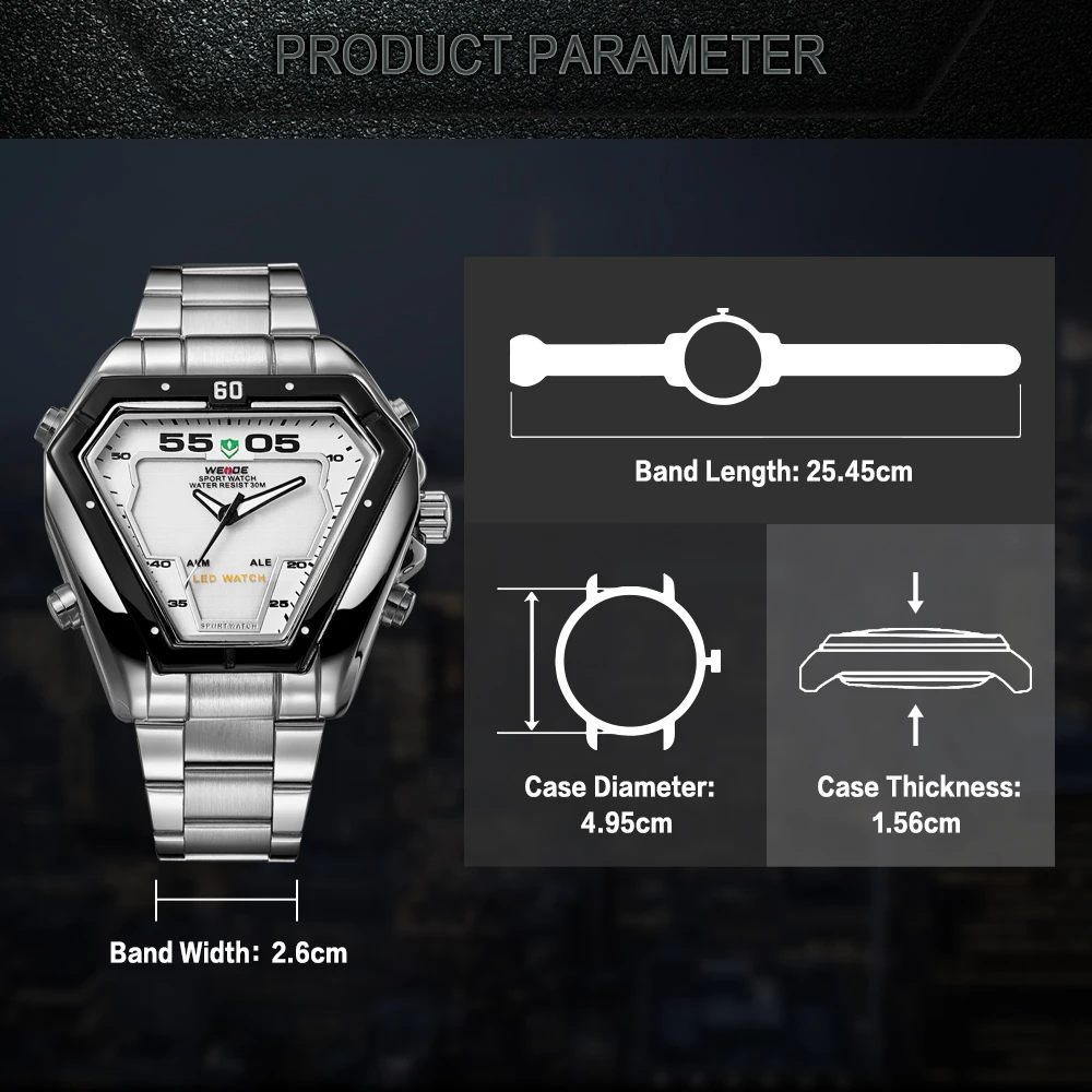  WEIDE Mens Fashion Luxury Quartz Stainless Steel Strap Analog Digital Date Calendar Waterproof Mili