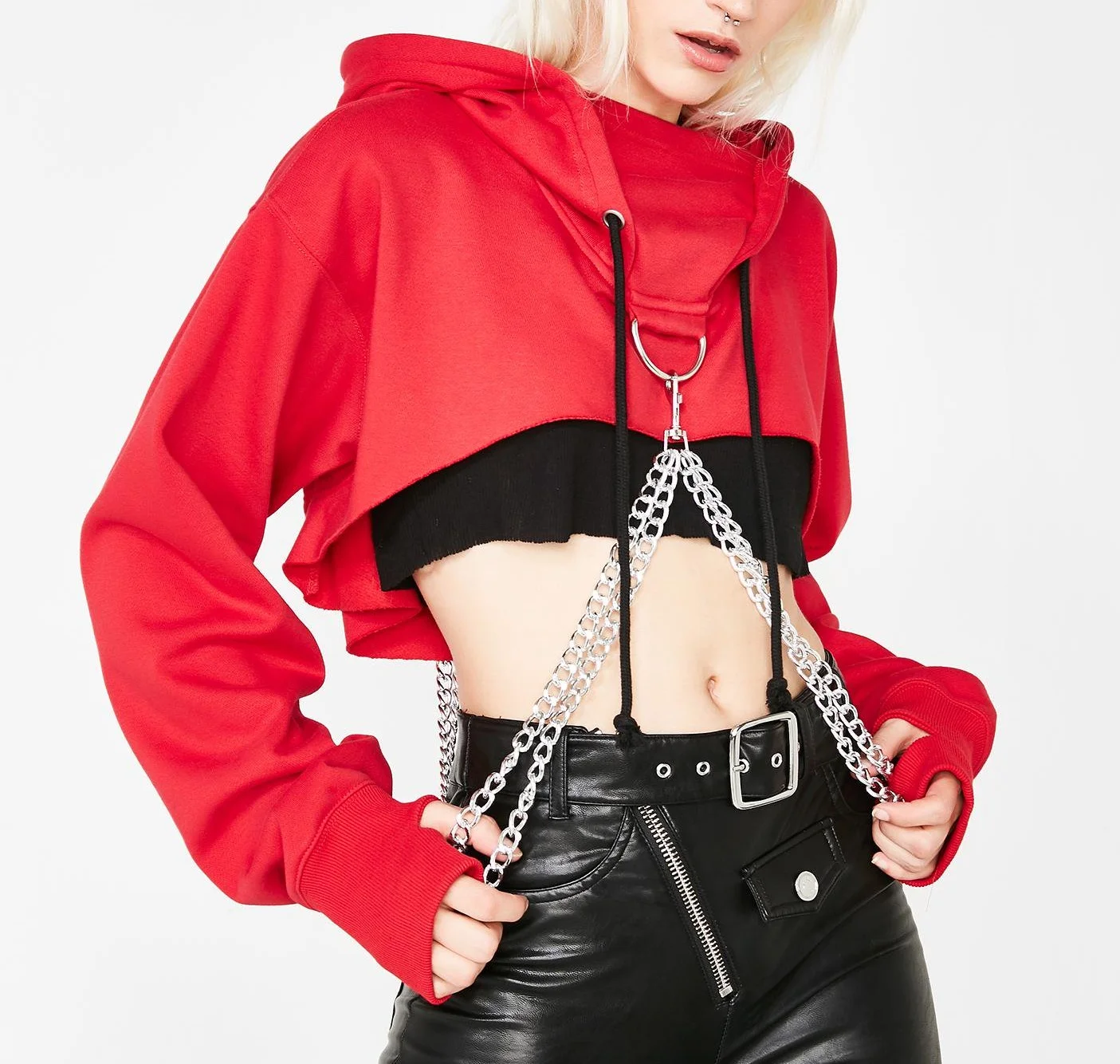 InsGoth Black Red Cropped Hoodie Women Gothic Punk Loose Chain Patchwork Pullover Sweatshirt Lady Fashion Streetwear Hooded Top