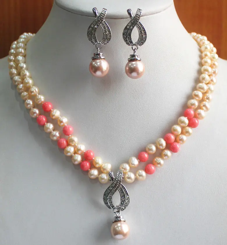 

nice 2 Rows Yellow/Orange Shell Pearl/stone Necklace Earring Pendant Jewelry gem Women jewelry Wholesale free shipping