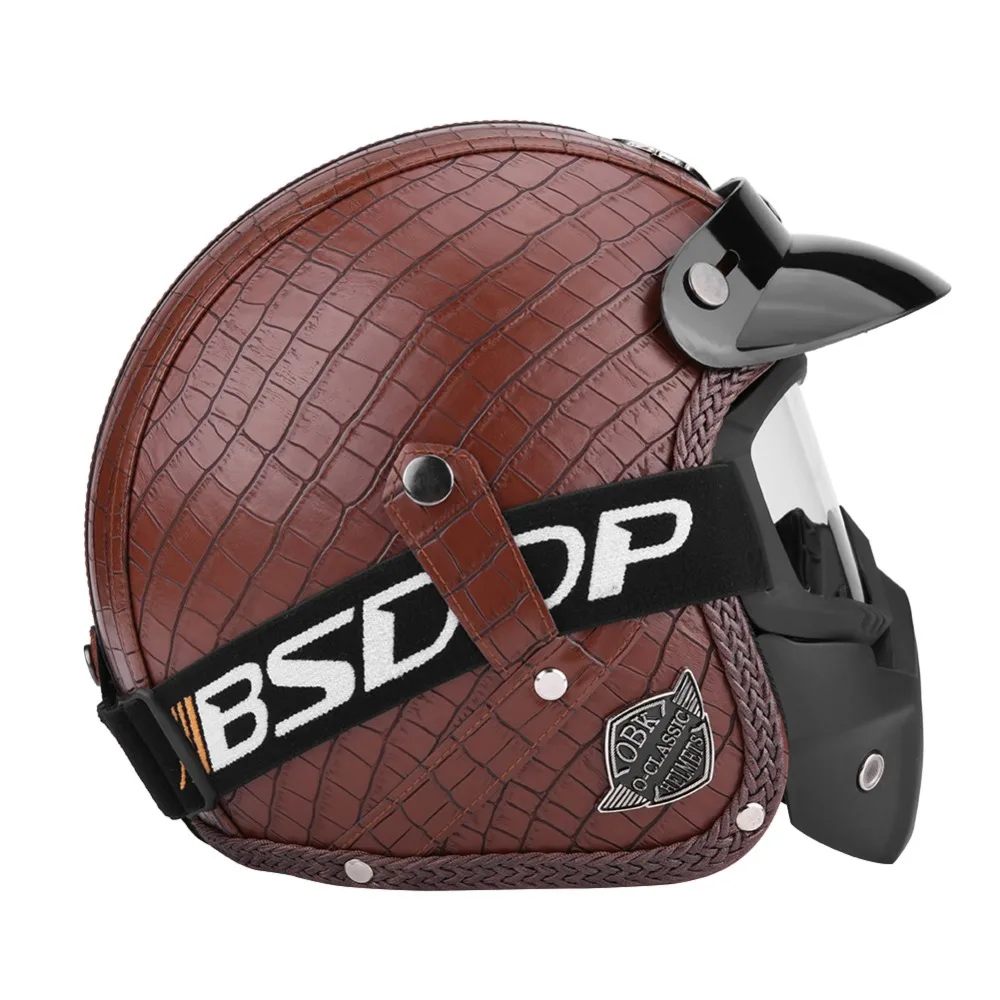 

PU Leather Motor Helmets 3/4 Motorcycle Chopper Bike Helmet Open Face Vintage Motorcycle Helmet with Goggle Mask