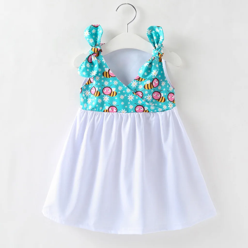 

2019 Summer Girl Dress Strap Bow Cartoon Print Ruffle Princess Dresses Patchwork Little Girls Clothes 1 2 3 4 Years