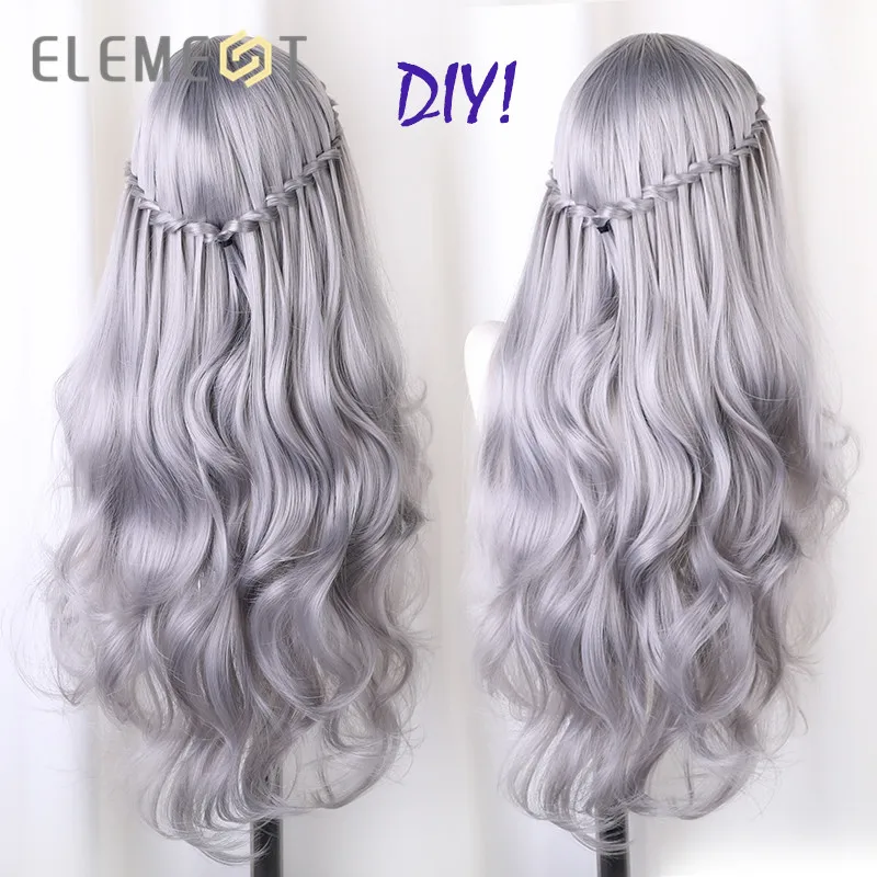 Elemento peluca sintética larga de 24 pulgadas con flequillo moda Natural onda Cosplay pelucas de fiesta para mujeres media peluca Cap envío gratis
