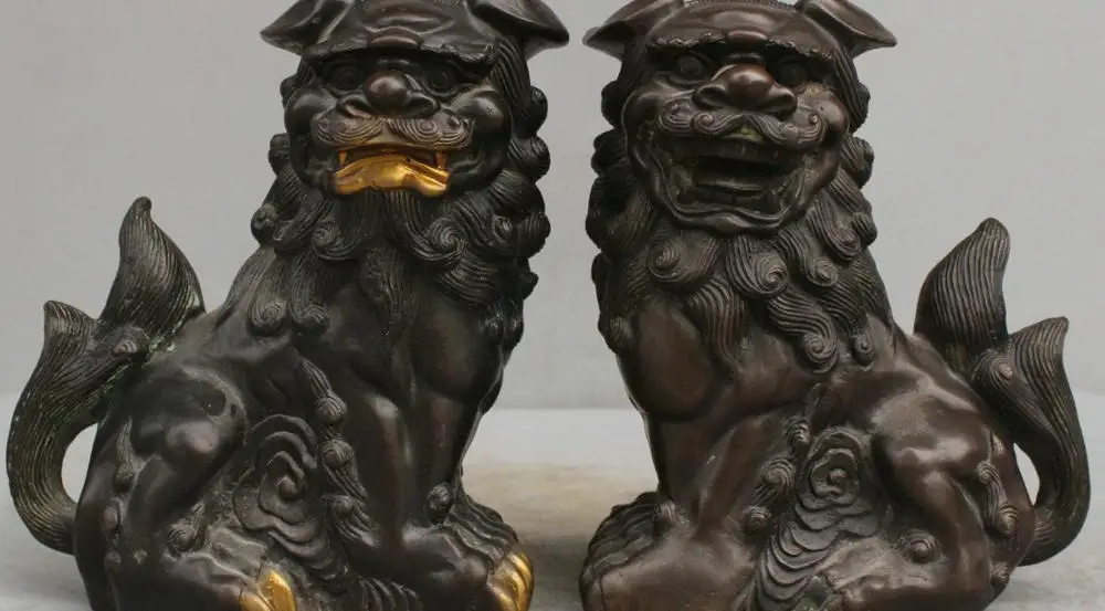 

8 China Art Sculpture Two Lions Guardian Beast Bronze Statue