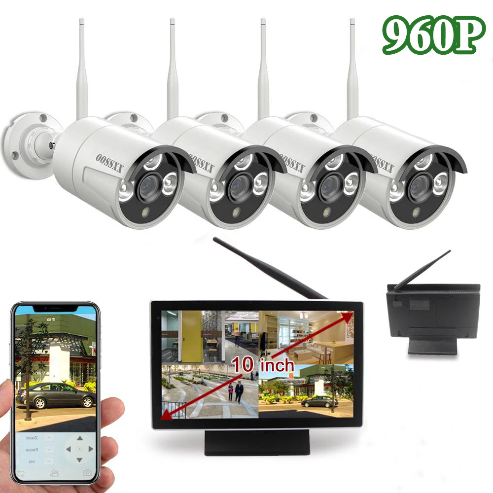 

OOSSXX 4CH 1080P Wireless NVR Kit CCTV Camera System 1.3MP Indoor Outdoor IP66 IP Camera Video Surveillance System 10inch Screen