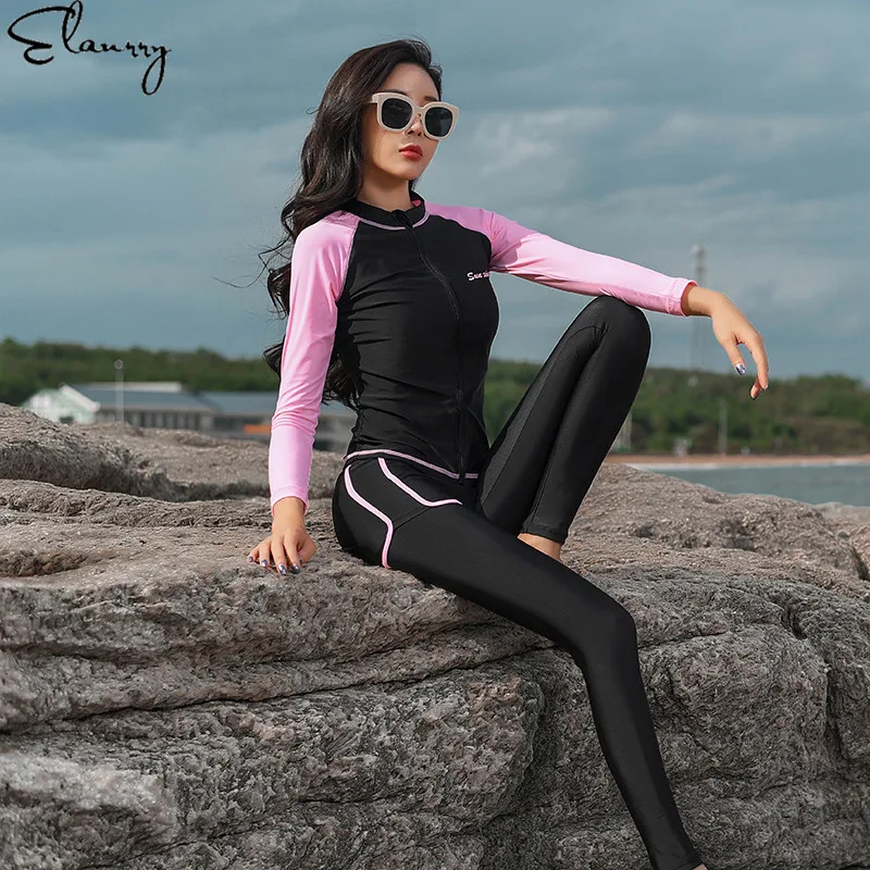 2019 ملابس السباحة طويلة الأكمام طقم سباحة حريمي الرجعية ملابس السباحة Rashguards 5 أجزاء تصفح بِدل السباحة الشاطئ ارتداء داخلية