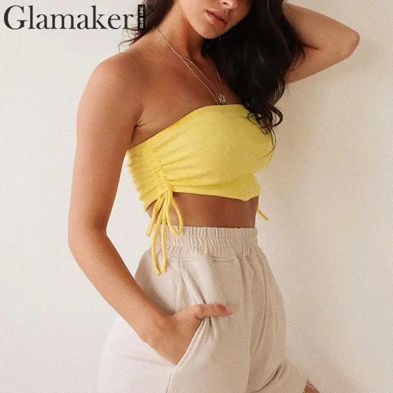 Glamaker Knitted tube tank top women streetwear Summer style bustier sexy top female Yellow knit top crop short tanks cami