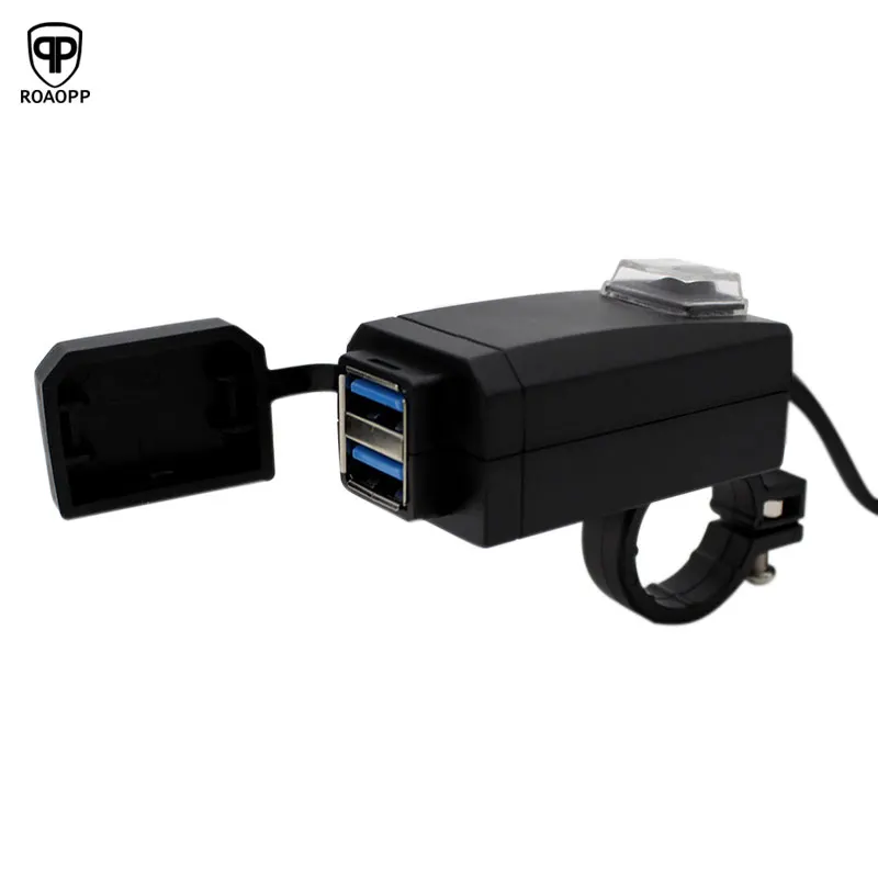 

ROAOPP Universal Waterproof Motorcycle Motocross Handlebar Charger Dual USB Port 12V Adapter Power Supply Socket for Phone