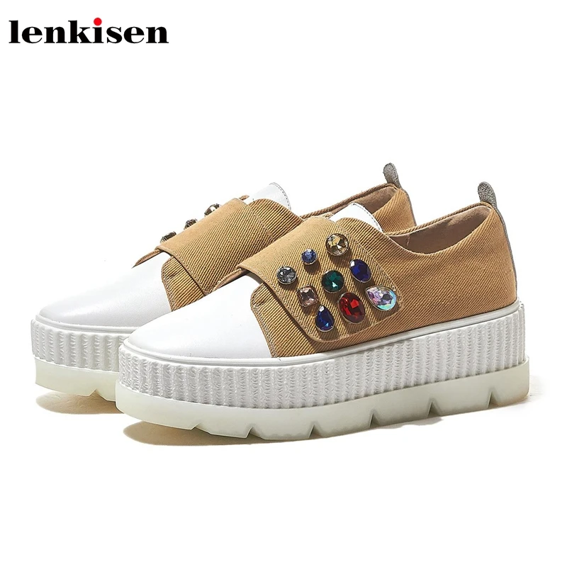 

Lenkisen cow leather round toe high bottom flat platform hook loop autumn canvas rhinestone preppy style vulcanized shoes L02