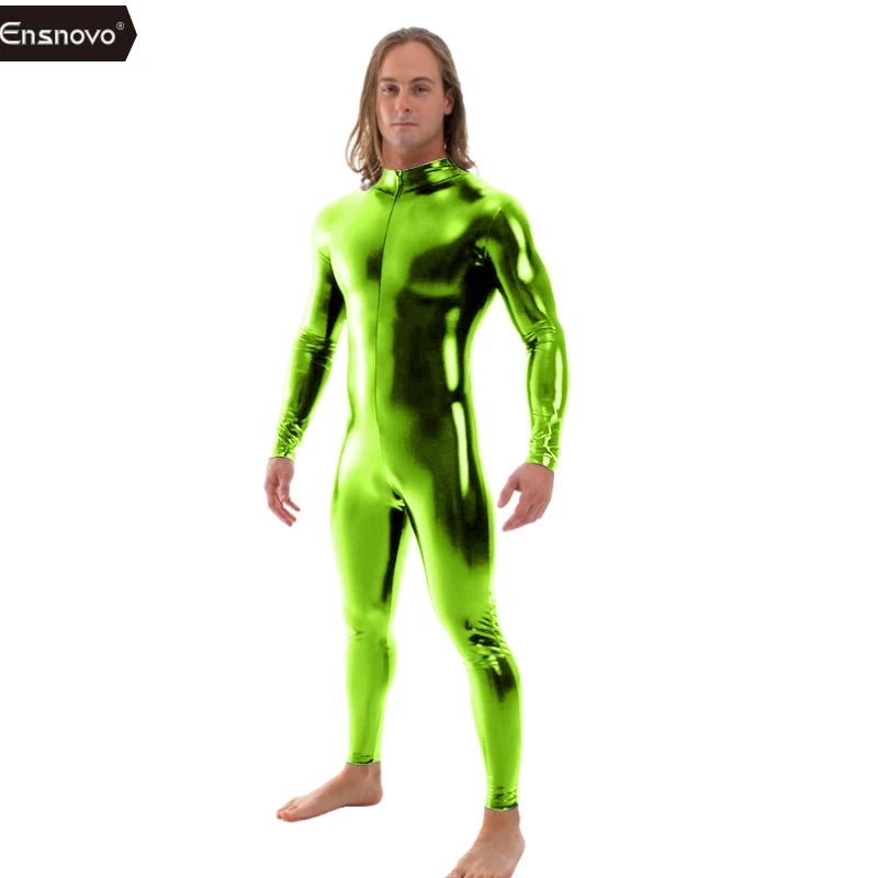 Apple Green Ensnovo мужской латексный костюм черный блестящий металлик колготки золото Zentai костюм полный тело Unitard пользовательские кожи боди молния спереди - Цвет: Apple Green