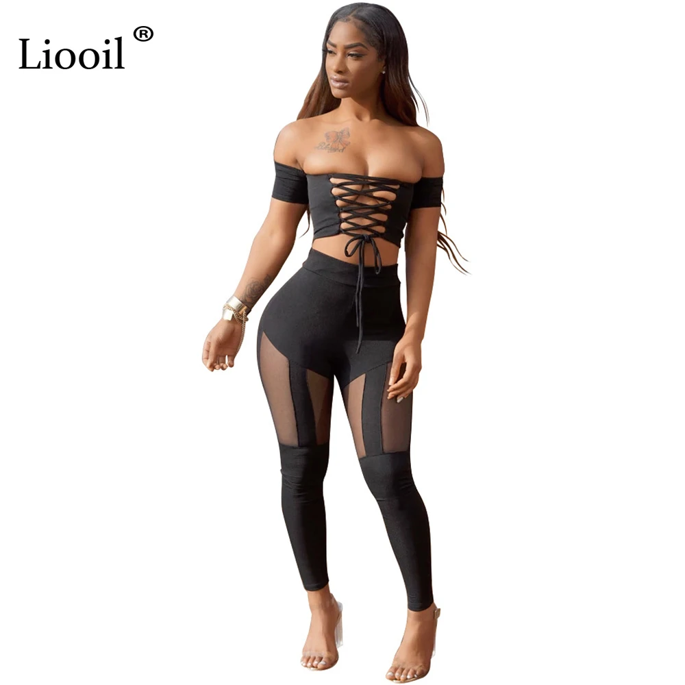 Liooil Summer Two Piece Bodycon Jumpsuits Sexy Lace Up Off Shoulder