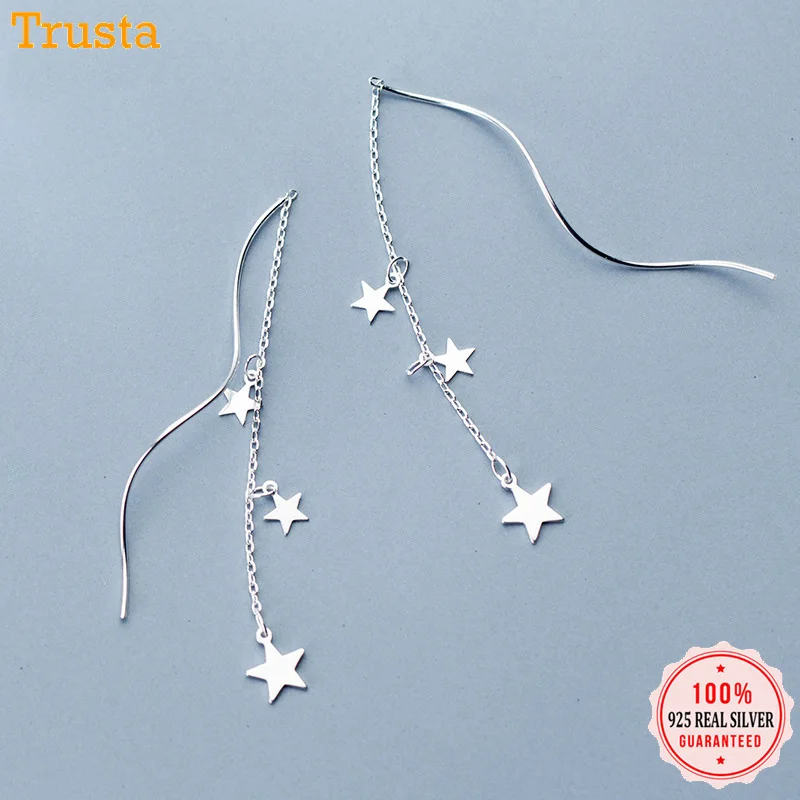 

Trusta 1Pair 925 Solid Sterling Silver Jewelry Earrings Linked Stars Drop Fashion Korean Earrings Girls Friends Gift DS1341