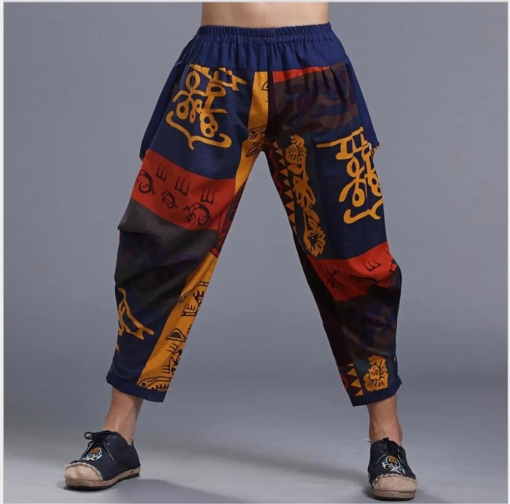 2021 Summer Fashion Casual Men's Casual Linen Rock Singer Costumes Wide Leg Pants Pantyhose Cotton Printing Harem Pants alibaba pants Harem Pants