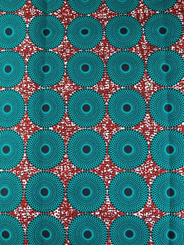 Ghanaian Fabrics Real Wax Green Red Circle Patterns rw808389in Fabric