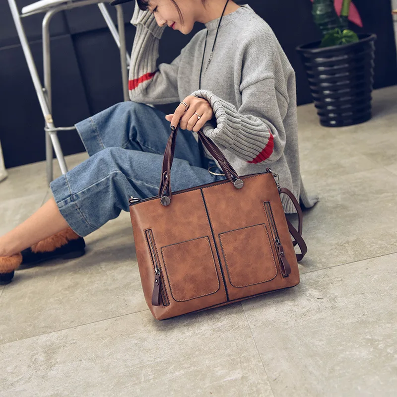 

2018 new double pockets single shoulder slant span women's handbag fashion retro style PU oil skin lady bags