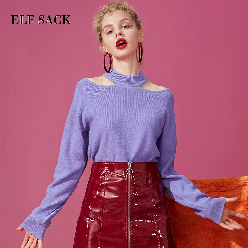  ELFSACK New Fashion Purple Woman Sweater Casual O-Neck Long Sleeve Women Pullovers Solid Hand Knitt