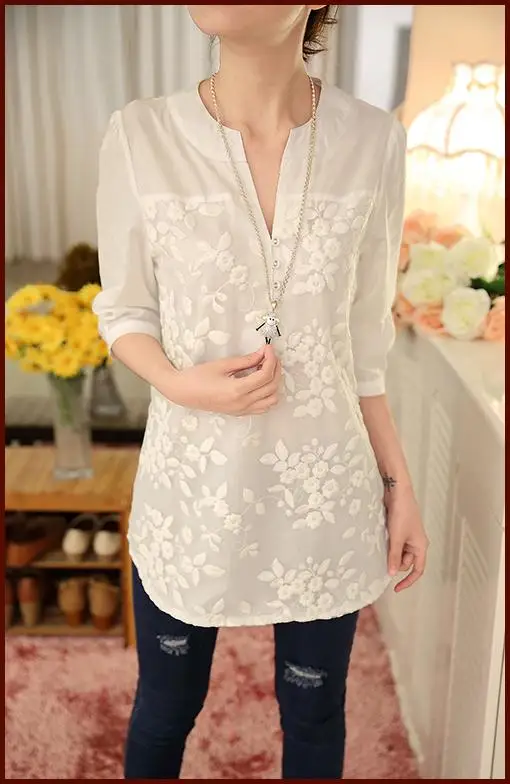 Новая блузка с v-образным вырезом из органзы с вышивкой белая кружевная блузка Топ Плюс Размер Летняя Корейская женская блузка женская цветок блузка 566F 25