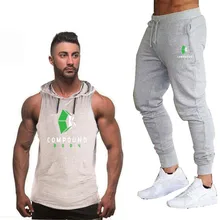 Брендовые спортивные костюмы для мужчин, спортивные штаны+ жилет с капюшоном, комплект из 2 предметов, спортивные брюки, одежда высокого качества, костюм для бодибилдинга