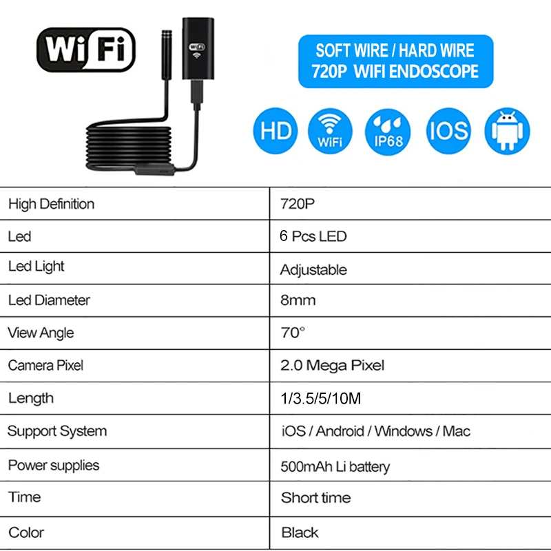 Antscope Wi Fi эндоскоп Камера Android 720 P Iphone бороскоп Водонепроницаемый эндоскопическая