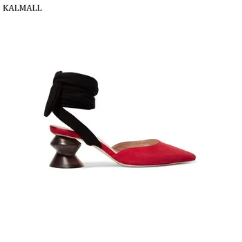 

KALMALL Red Suede Women High Heels Gladiator Shoes Rome Style Lace-Up Strange Heels Sandals Pointed Toe Ankle Strap Women Pumps