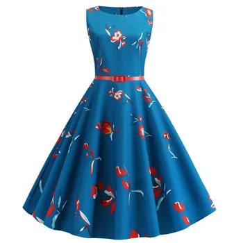 

2020 New Summer Floral Printed Women Dresses Elegant O-neck Sleeveless Tank Robe Vintage Rockabilly Dress Pinup Swing with Belt