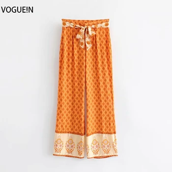 

VOGUEIN New Womens Summer Beach Boho Orange/Green Tie Belt Trousers Pants Wholesale