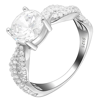 

UFOORO S925 Sterling Silver Ring Fahion Clear Round White Zircon luxury Winding Cross Ring For Woman Wedding Engagement Gift